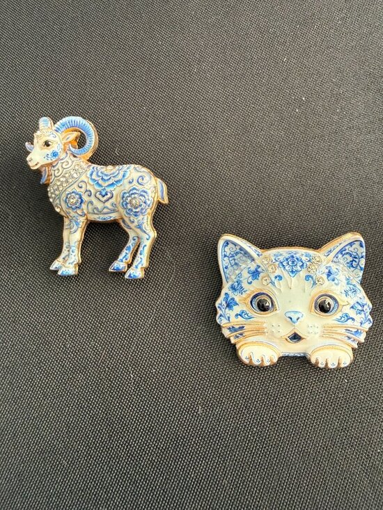 Jewelry - Blue & White Porcelain-Look Brooch Duo – Kitten & Ram Enamel Rhinestone Pins, Go
